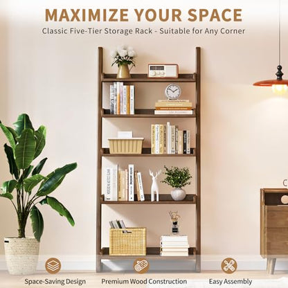 Uniclinens Walnut Wooden Ladder Shelf, 5-Tier Ladder Shelf Bookcase, Ladder Bookshelf for Compact Spaces, Solid Wood Bookshelf for Living Room, Bedroom, Home Office,(23.6''Dx15.7''Wx55.1''H)