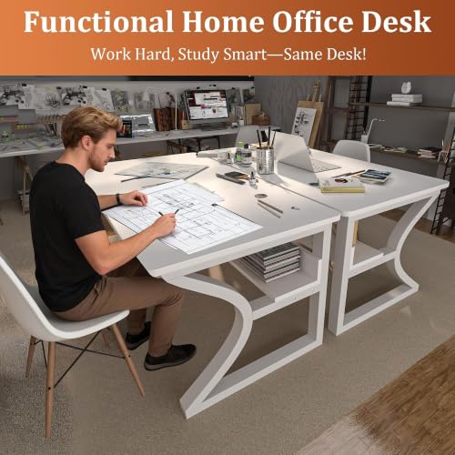 47'' Computer Desk Home Office Desk, Modern Computer Desk w/U Shaped Metal Frame, Storage Shelves, PC Table Study Writing Desk Workstation for Home Office (47inch/White) - size: 47inch/white