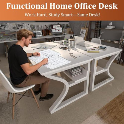 47'' Computer Desk Home Office Desk, Modern Computer Desk w/U Shaped Metal Frame, Storage Shelves, PC Table Study Writing Desk Workstation for Home Office (47inch/White) - size: 47inch/white