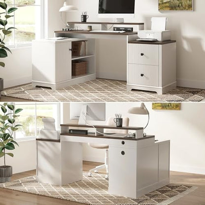 67" Farmhouse L Shaped Desk with Drawers and Printer Stand for Home Office, Computer Desk with Power Outlet, Home Office Desk with Storage Shelves and Monitor Stand, Computer Writing Desk, White