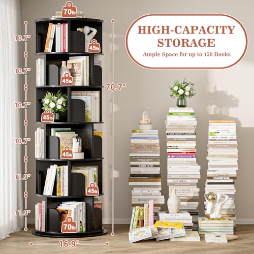 Aheaplus 5 Tier Wood Rotating Bookshelf, 360° Spinning Book Shelf Tower - color: Black, size: 6-Tier