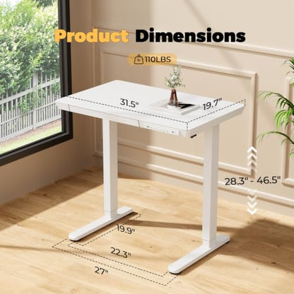 32" Electric Standing Desk with Drawer, Rolling Laptop Desk - color: White Wood-top, size: 32"