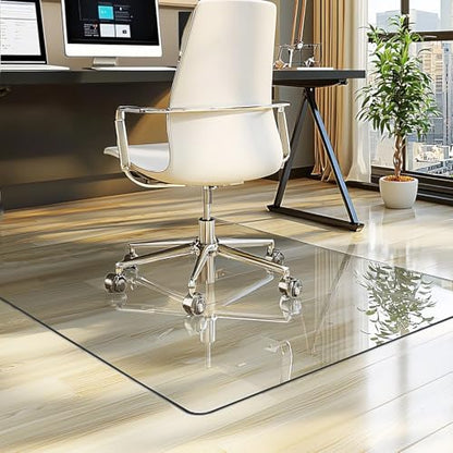 JAMBALAY 55″×46″ Tempered Glass Chair Mat, Heavy Duty Glass Office Floor Mat for Carpets and Wooden Floor, with 12 Anti-Slip Pads, Polished Edges and Round Corners, Easy Roll On, Thick 0.2″ - size: 55"x46"-No Lip