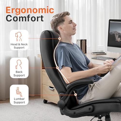 NEO CHAIR Office Desk Chair, High Back PU Leather with Flip-up Arms, Black | Ergonomic Tall Computer Desk Chair Comfy, Height Adjustable, Swivel Rolling Wheels for Office Home Gaming Study - color: Black