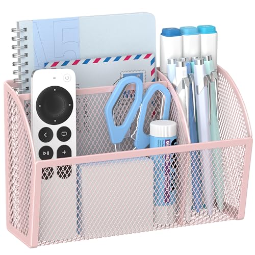 YINGHUA 3 Compartment Magnetic Metal Mesh Pen Holder, Pink Desk Caddy | Perfect magnetic organizer for locker, whiteboard, refrigerator, or office. Easily holds pens and accessories - color: Pink