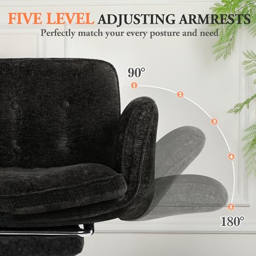 Criss Cross Chair with Footrest & 5 Level Folding Arms Full Relaxation, Wide Cross Legged Office Chair for Home Office, Comfy Swivel Desk Chair with Ottoman, Chenille Vanity Chair (Black) - color: Black, style: With Footrest