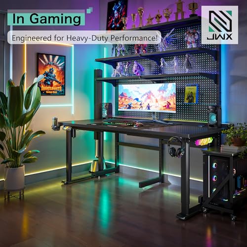 JWX 71-Inch Dual Motor 4-Leg Standing Gaming Desk with LED | Flip-up cable panel with rear LED strip and acrylic side lights creates soft desktop glow or immersive backlighting. - size: Flip Up-Black