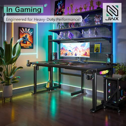 JWX 71-Inch Dual Motor 4-Leg Standing Gaming Desk with LED | Flip-up cable panel with rear LED strip and acrylic side lights creates soft desktop glow or immersive backlighting. - size: Flip Up-Black