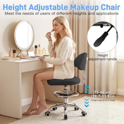Height Adjustable Drafting Chair for Home Office Studio, 360 Swivel Rolling Computer Stool with Backrest and Footrest, Ergonomic Metal Task Seating, 220lbs Capacity, Black Black