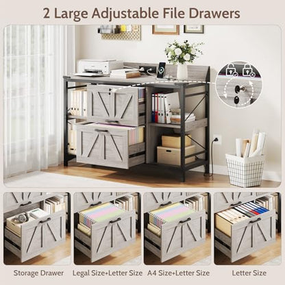 44" File Cabinet, Lateral Filing Cabinet for Home Office with 2 Drawers, Office Storage Cabinet with Lock and Key, Wooden Printer Stand with 4 Storage Shelves and Power Outlets, Office Furniture, Grey - color: Grey