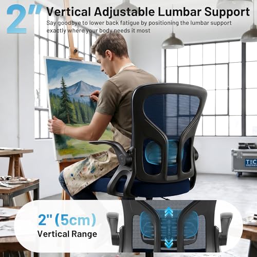 Drafting Chair for Standing Desk, Tall Office Chair with 22"-30" Seat Height &7" Lift Footrest Ring, Ergonomic Executive Mesh Computer Counter Stool with Lumbar Support &Flip-up Arms for Artist - color: Navy