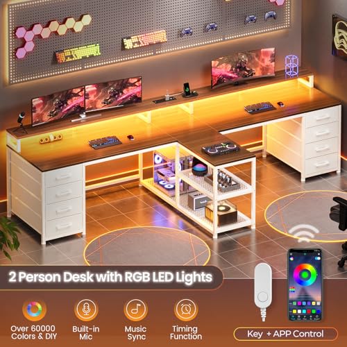 SEDETA 95" 2 Person Gaming Desk with 8 Drawers Storage Shelves, Brown+White | Double T Shaped Office Desk with LED Lights, Power Strip with USB & Monitor Stand for Home Office, Bedroom - color: Brown+white