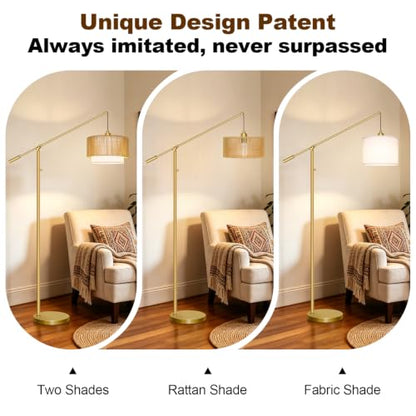 【Upgraded】Boho Dimmable Floor Lamps with Adjustable Swing Arm, 1100 Lumens Bulb Included, Modern Standing Lamp with Rattan & Fabric Shades, Farmhouse Tall Arc Floor Lamp for Living Room Bedroom, Gold - color: Bohemian-Gold