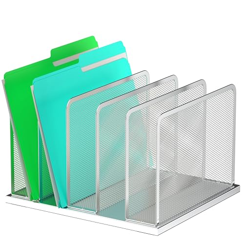Kuntine.B Desk File Organizer Upright Mesh Desktop Organizer File Sorter Office Organization File Holder for Home, Office & Classroom (Silver, 1 Pack 5-Section) | Vertical, Mesh, Metal, Assembly, Stability, Sturdiness, Organization, Standing - color: Silv