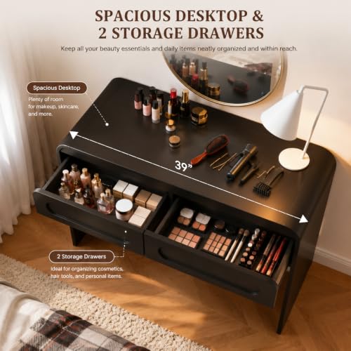 Vanity Desk, Makeup Vanity Desk with 2 Drawers and Storage Desktop Space | Modern Makeup Vanity Dressing Table with Curved Profile Design, Black Makeup Computer Writing Desk for Home Office Bedroom - color: Black, size: 15.7"D x 39"W x 32"H