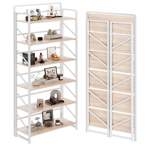 JSB No Assembly Folding Bookshelf, 6 Tier Industrial Metal Book Shelf for Storage, Vintage Wood Foldable Bookcase for Living Room, Bedroom, Office Organization Shelves - color: White, size: 6-Tier