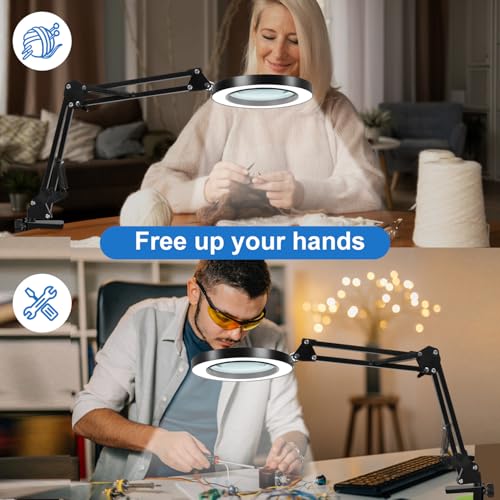 10X Magnifying Glass with Light and Clamp, Real Glass Lens, Adjustable Swing Arm, 3 Color Modes, Stepless Dimming LED Magnifying Lamp for Reading, Crafts, Soldering, Sewing & Close Work - style: Clamp【BASIC】