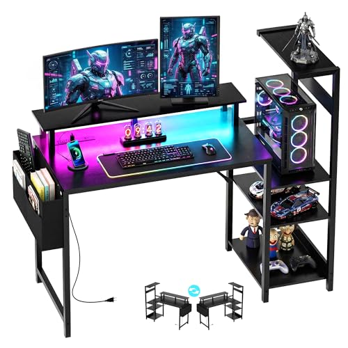 Apicizon 43 Inch Gaming Desk with LED Setup Style, Computer Desk with Storage Shelves & Monitor Stand, Reversible Workstation for Small Space, Home Office Desk Black - size: 43inch