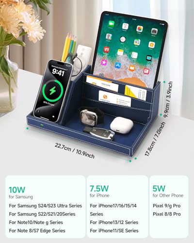 Desk Organizer with Charging Station, Nightstand Organizer Phone Docking Station, Men Gift Husband Wife Anniversary Dad Birthday Nightstand Purse Father Graduation Male Travel Idea Gadgets - color: Blue