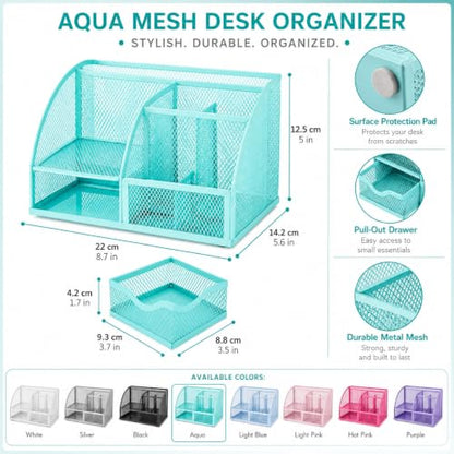 Exerz Desk Organizer 7 Compartments Metal Mesh Pen Holder Turquoise - color: Turquoise