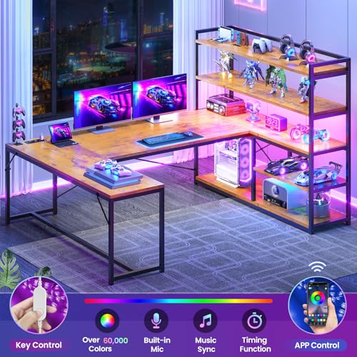 SEDETA L Shaped Desk with Storage Shelves, 63” Reversible U Shaped Office Desk, Gaming Desk with Power Outlet and LED Lights for Home Office, Rustic Brown - color: Rustic Brown