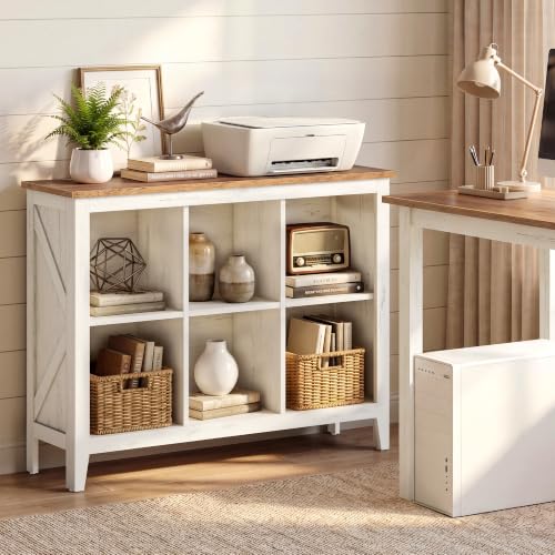 VASAGLE Farmhouse Bookshelf, 6-Cube Storage Organizer with Legs - color: Cloud White + Warm Brown, size: 38.6"D x 11.6"W x 29.8"H, style: 6-Cube