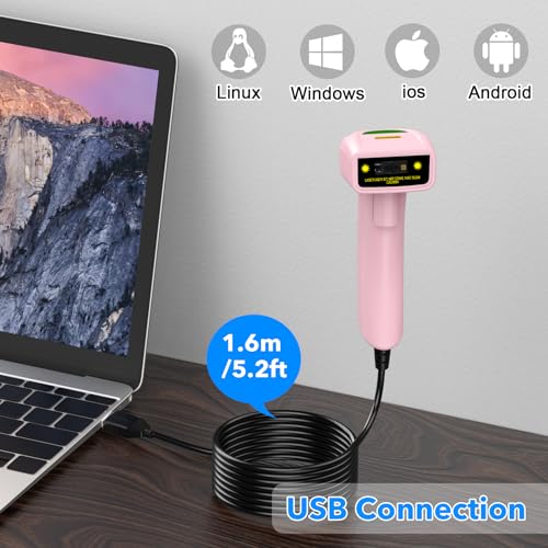2D USB Barcode Scanner Handheld Wired Automatic QR Code Scanner Barcode PDF417 Data Matrix Bar Code Scanner with Long USB Cable for Warehouse, Library, Supermarket, POS - color: 2D QR Pink