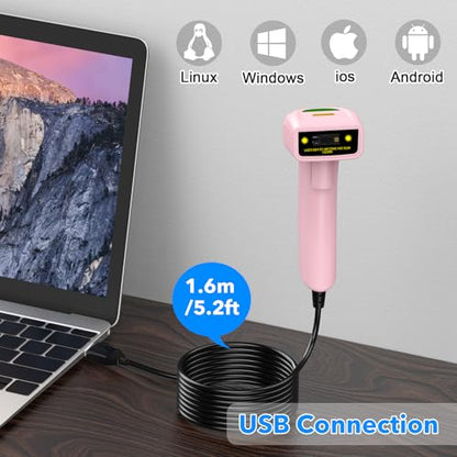 2D USB Barcode Scanner Handheld Wired Automatic QR Code Scanner Barcode PDF417 Data Matrix Bar Code Scanner with Long USB Cable for Warehouse, Library, Supermarket, POS - color: 2D QR Pink