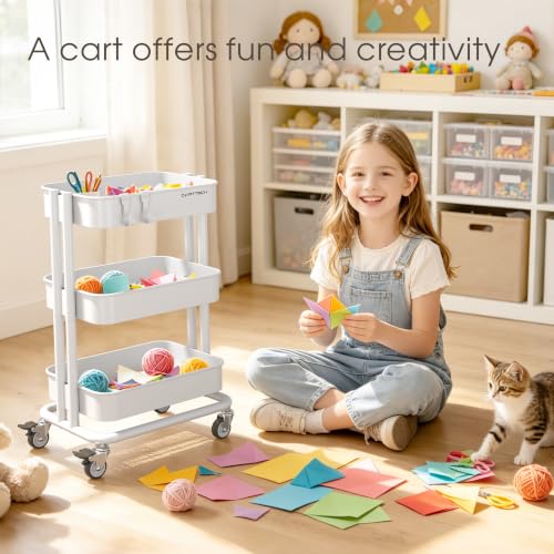 3 Tier Rolling Cart Metal Utility Cart with Lockable Wheels Home Office - color: White, size: Small