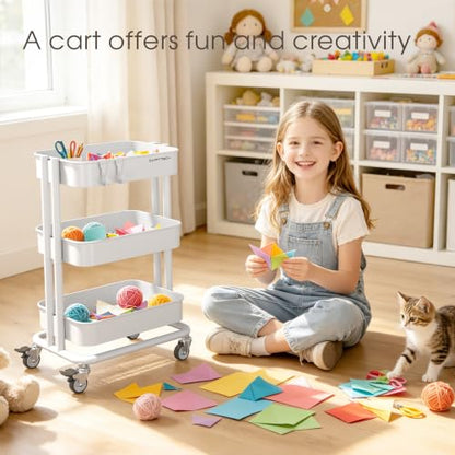 3 Tier Rolling Cart Metal Utility Cart with Lockable Wheels Home Office - color: White, size: Small