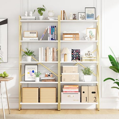 5 Tiers Bookshelf, Classically Tall Bookcase, Industrial Book Rack - color: Golden & White