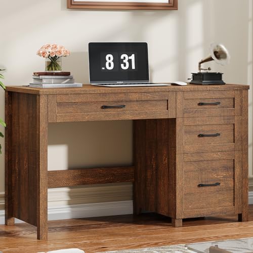 Farmhouse 47" Executive Desk, Computer Desk with File Drawer, Red-Brown - color: Red-brown, size: Right Mounted