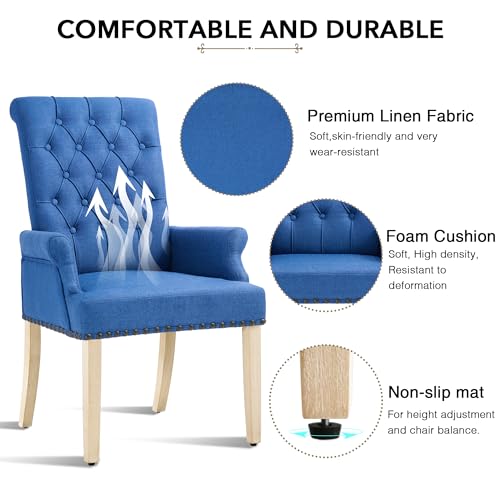 LOULENS Linen Dining Chair with Arms, Tufted Dining Room Chairs, Dark Blue | Solid Wood Legs, Nailhead Trim, Accent Chair, Kitchen Chair - color: Dark Blue, size: 1 PCS