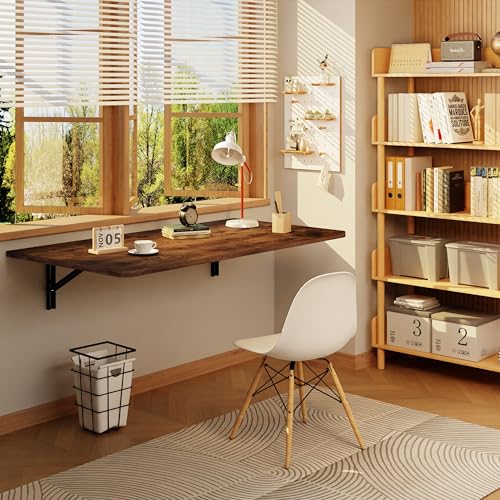 IAE Wall Mount Folding Desk,Floating Computer Desk for Small Spaces,Rustic | 36x22in engineered wood desktop with metal brackets, folds flat to save space in home office, apartment and laundry room - color: Rustic, size: 36"*22"