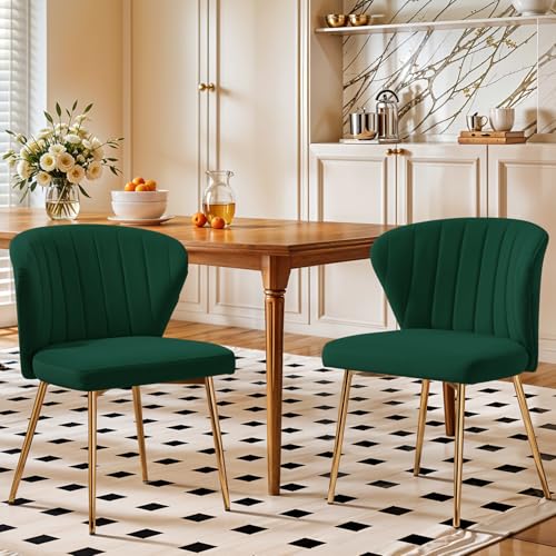 Velvet Dining Chairs Set of 2, Modern Upholstered Vanity Chairs with Golden Metal Legs for Dining Room Kitchen Vanity Patio (Green) - color: Green