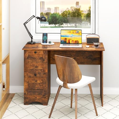 Giantex Computer Desk with 2 Drawers, 43” Wooden Home Office Desk with Charging Station, Compact Study Writing Desk, Modern Laptop PC Desk Workstation for Bedroom, Living Room (Rustic Brown) - color: Rustic Brown