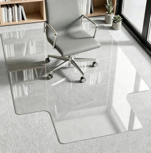 JAMBALAY Irregular Tempered Glass Chair Mat with Lip, 53"x45" Heavy Duty Glass Floor Mat for Carpet/Hard Floors, Carpet Office Chair Mats with Anti-Slip Pads, Thick 0.2″, Clear - size: 53"x45"-With Lip