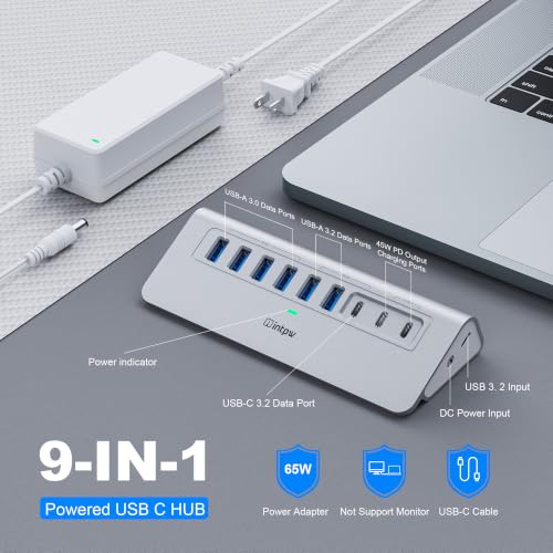 Powered USB Hub 10Gbps, intpw YH6AC 9-Port USB 3.2 Hub (USB A/USB-C 3.2, 4 USB 3.0, 2 PD 45W Charging Ports), 65W Power Adapter + 3.3FT Cable, Aluminum USB Hub for PC/Laptop, iPhone 17/16/15 - color: Silver, size: 9 Port