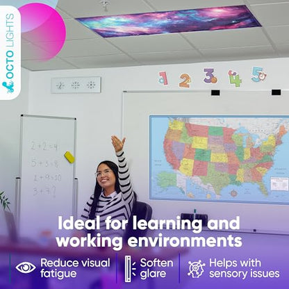 Fluorescent Light Covers for Ceiling Lights Classroom Magnetic Stars 4pk - color: Purple Nebula