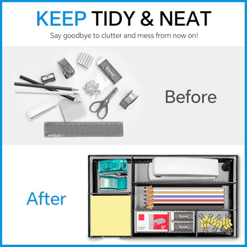 Desk Drawer Organizer, Office Drawer Divider Organizer Tray with 6 Compartments, Metal Mesh Desktop Organization and Accessories for Stationery Makeup Kitchen Toolroom School ＆ Office - size: Small
