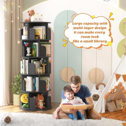 Aheaplus 5 Tier Wood Rotating Bookshelf, 360° Spinning Book Shelf Tower - color: Black, size: 5-Tier