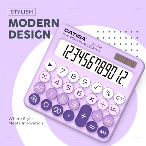 CATIGA Mechanical Switch Calculator with Solar and Battery Dual Power, 12-Digit Large LCD Display, Aesthetic and Cute Desktop Calculator with Big Button, for Home, School and Office Use, SD-1299 - color: Z) Lavender