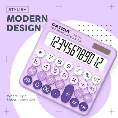 CATIGA Mechanical Switch Calculator with Solar and Battery Dual Power, 12-Digit Large LCD Display, Aesthetic and Cute Desktop Calculator with Big Button, for Home, School and Office Use, SD-1299 - color: Z) Lavender