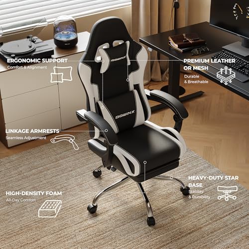 Gaming Chair for Adults with Footrest, Height Adjustable Linkage Armrests - color: White Black