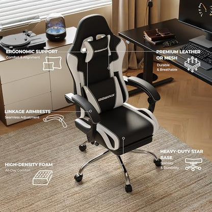 Gaming Chair for Adults with Footrest, Height Adjustable Linkage Armrests - color: White Black