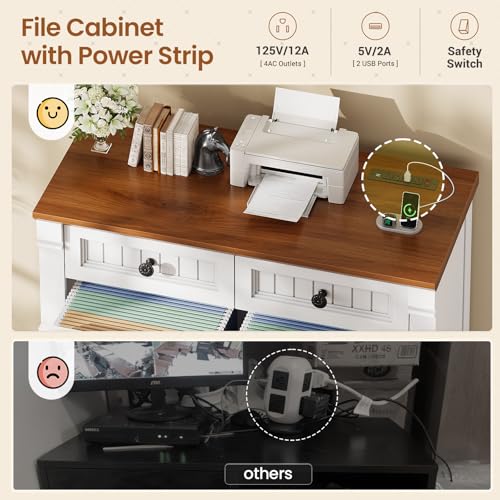 SEDETA 4 Drawers File Cabinet, 33" Farmhouse Filing Cabinets for Home Office fit Legal/Letter/A4 File, Wood Office File Cabinet with Power Outlets, Printer Stand with Storage, White+Brown - color: White+brown