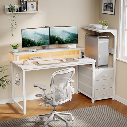 52" Reversible Gaming Desk with LED Lights Power Outlets, White | Computer Desk with Drawers Can be Used to Store Odds and Handles, Elevated PC Stand To Help You Showcase Your DIY Cases. - color: White, size: 53 In