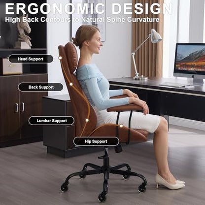 Leather Executive Office Chair, Computer Desk Chair, Brown | Ergonomic, Rubber Wheels, Lumbar Support, 360° Swivel, High Back, Adjustable Height, for Modern Home Office - color: Espresso Brown