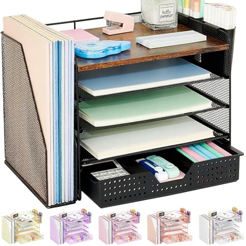 OPNICE Desk Organizer, 5-Tier Desktop File Organizer with Drawer and Pen Holders, Office Desk Accessories, File Sorters, Workspace Organizers for Office Supplies(Wood) - color: Wood, size: 5T