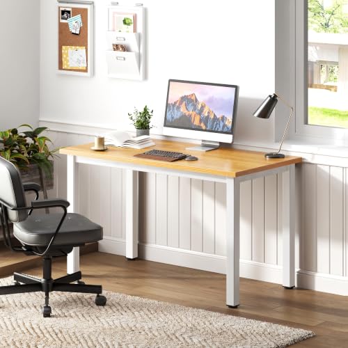 Need Small Teak Computer Desk, 39.4 Inch Sturdy Writing Desk, Compact | White Metal Frame, Teens Study Table, Home Office Desk, Adjustable Feet, Water-Resistant, Dorms & Bedrooms, Easy Assembly - color: Teak & White, size: 39.4 inches